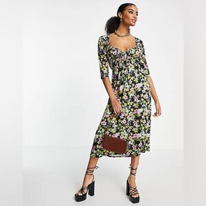 ASOS Multicolor Floral Sweetheart Neck Line Runched Midi Dress Size 12
